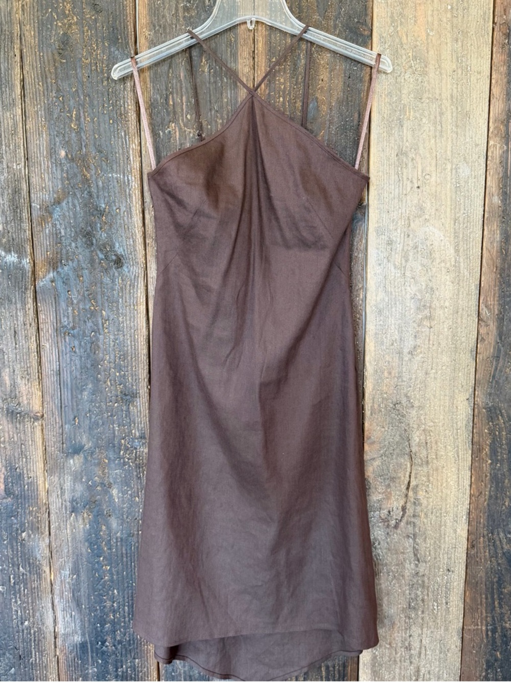 BCBGMaxAzria Chocolate Brown Midi linen Dress with Spaghetti Straps corset back